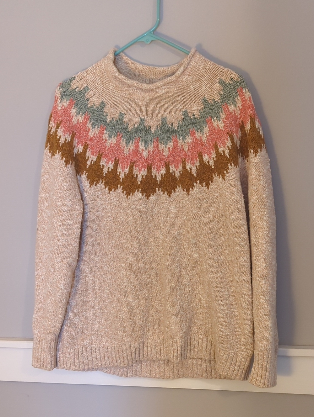 L.L. Bean Cream Fair Isle Turtleneck Sweater with Pink, Teal & Brown